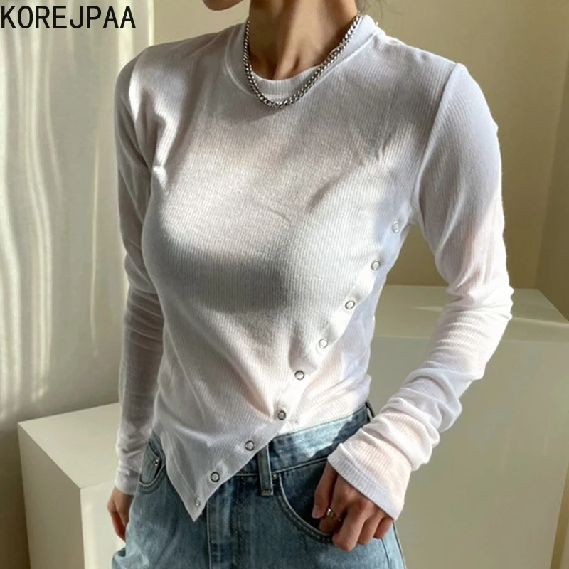 Korejpaa Women Pullover Thin Autumn Korea Sweet Round Neck Irregular Side Oblique Buckle Long-Sleeved Sweater Outwear New
Korejpaa Women Pullover Thin Autumn Korea Sweet Round Neck Irregular Side Oblique Buckle Long-Sleeved Sweater Outwear New