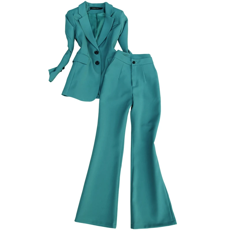 

Женский костюм-двойка, светло-зеленый пиджак и широкие брюки, весна-осень 2020