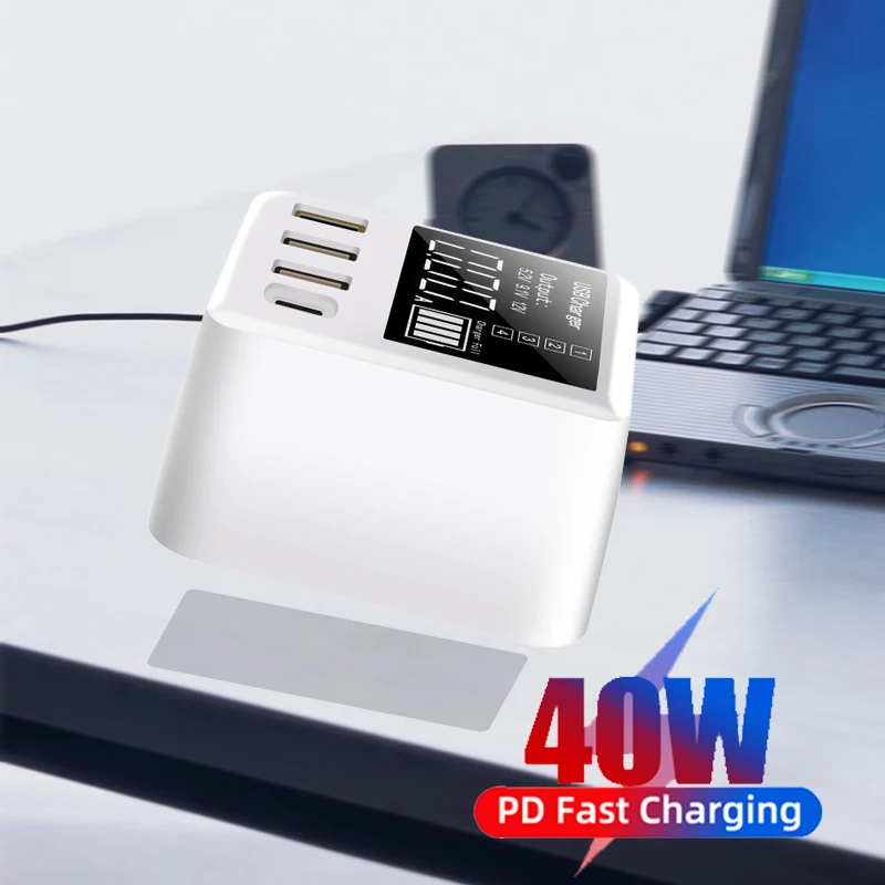 40W QC3.0 USB Type C Charger LED Digital Display Fast Charging Station For iPhone 11 12 Por Max Xiaomi 11 Huawei P40 Samsung S21 
40W QC3.0 USB Type C Charger LED Digital Display Fast Charging Station For iPhone 11 12 Por Max Xiaomi 11 Huawei P40 Samsung S21