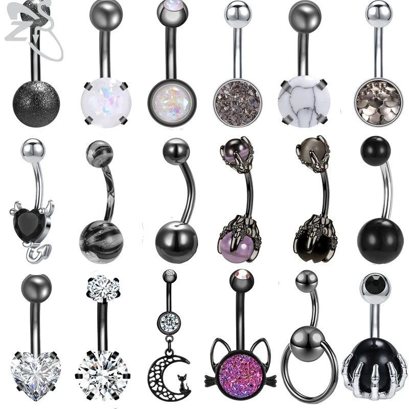 

ZS 1PC Black Color Stainless Steel Belly Ring Skull Hand CZ Crystal Navel Belly Button Rings 14G Barbell Body Piercing Jewelry