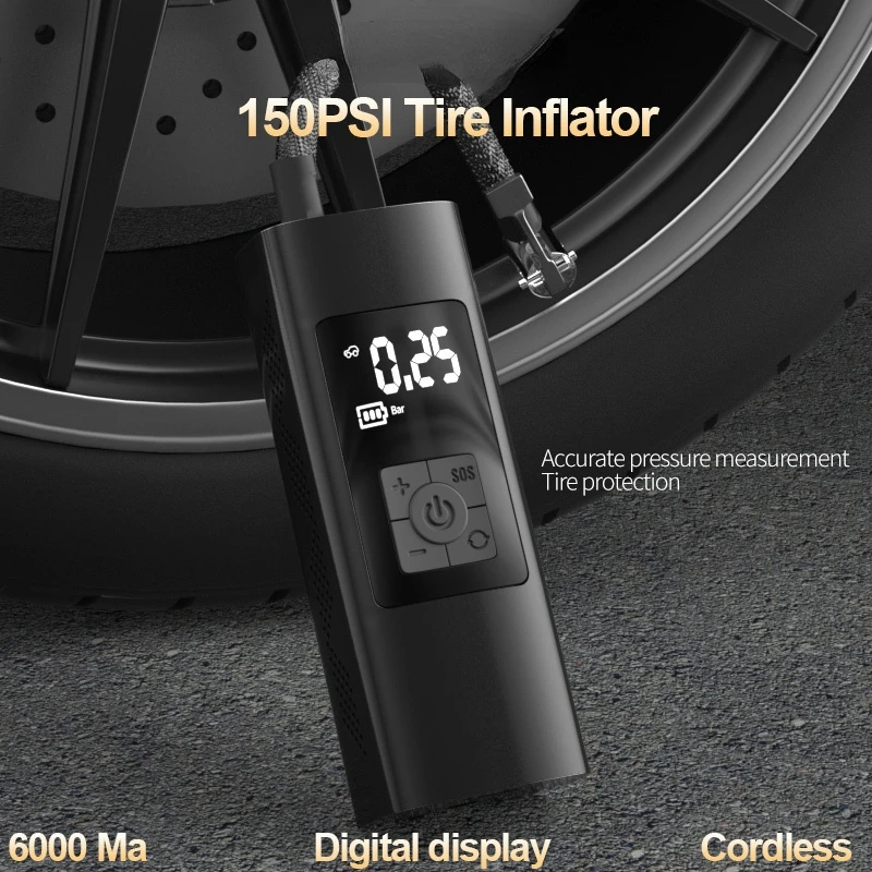 150PSI Rechargeable Air Pump 6000mA Tire Inflator Cordless Portable Compressor Digital Car Tyre Pump for Bicycle Tires Balls
150PSI Rechargeable Air Pump 6000mA Tire Inflator Cordless Portable Compressor Digital Car Tyre Pump for Bicycle Tires Balls