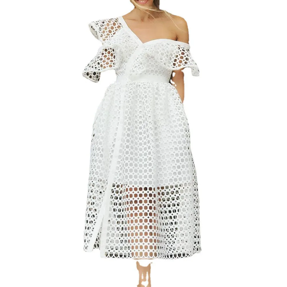 Europe America New 2021 Summer Hollow Out Sexy Oblique Shoulder Ruffle Lace Sexy Solid Color High Waist African Women's Dress 
Europe America New 2021 Summer Hollow Out Sexy Oblique Shoulder Ruffle Lace Sexy Solid Color High Waist African Women's Dress