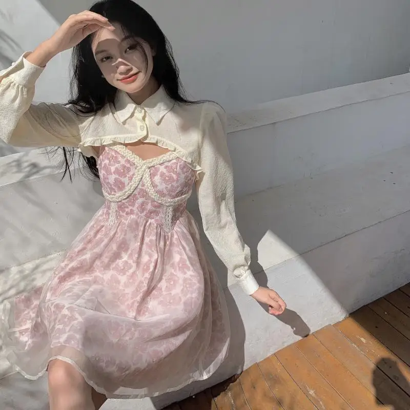 Chic Floral Dress Women Patchwork Two Piece Set Long Sleeved Shirt And Slim Strap Dress Autumn Female Korean Fashion Y2k Dresses
Chic Floral Dress Women Patchwork Two Piece Set Long Sleeved Shirt And Slim Strap Dress Autumn Female Korean Fashion Y2k Dresses
