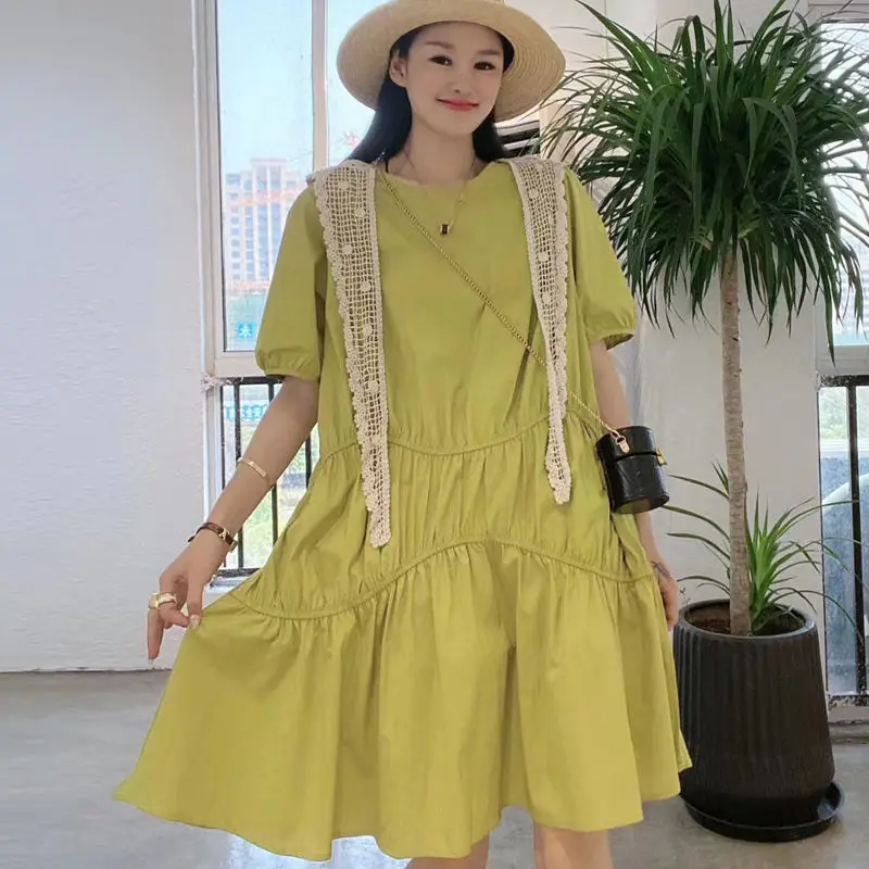 2021 Women Spring Summer Vintage Solid Dress Lady O-neck Short Sleeve Pleated Vestido Female Casual Loose Plus Size Dresses J112
2021 Women Spring Summer Vintage Solid Dress Lady O-neck Short Sleeve Pleated Vestido Female Casual Loose Plus Size Dresses J112