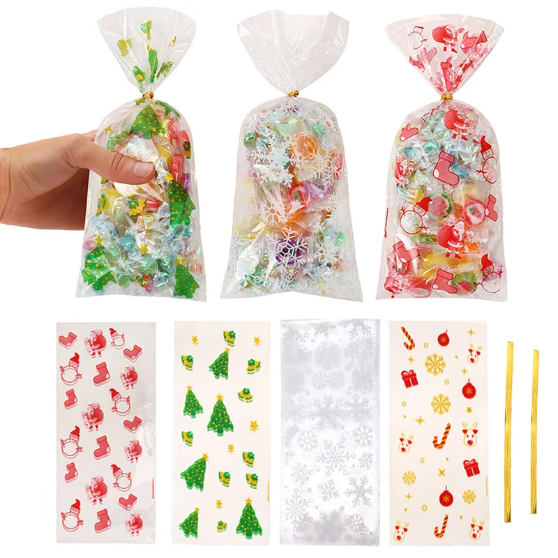 

50 Xmas Cookie Packing Bags Christmas Cellophane Party Bags Treat Candy Bag Festival Party Favor Gift Merry Christmas