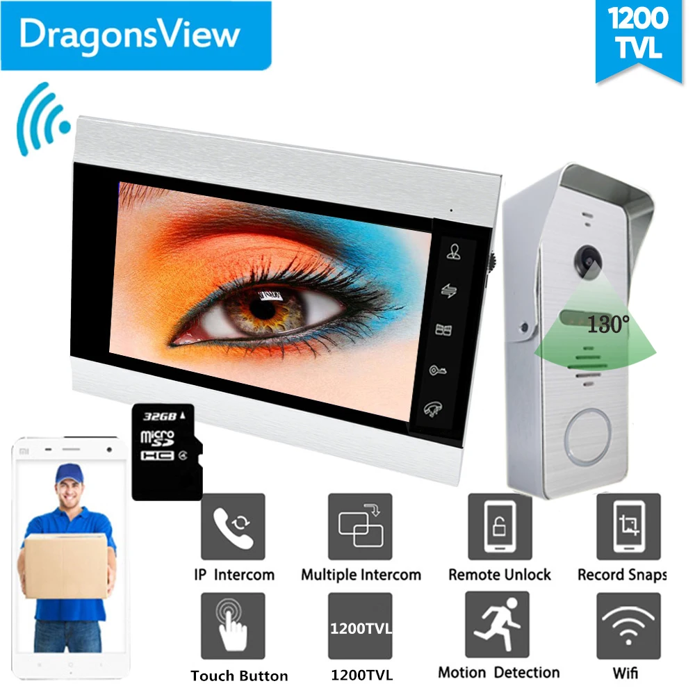 【Wide Angle】Dragonsview 7 дюймов видео телефон двери беспроводной видеодомофон умный Wifi ISO