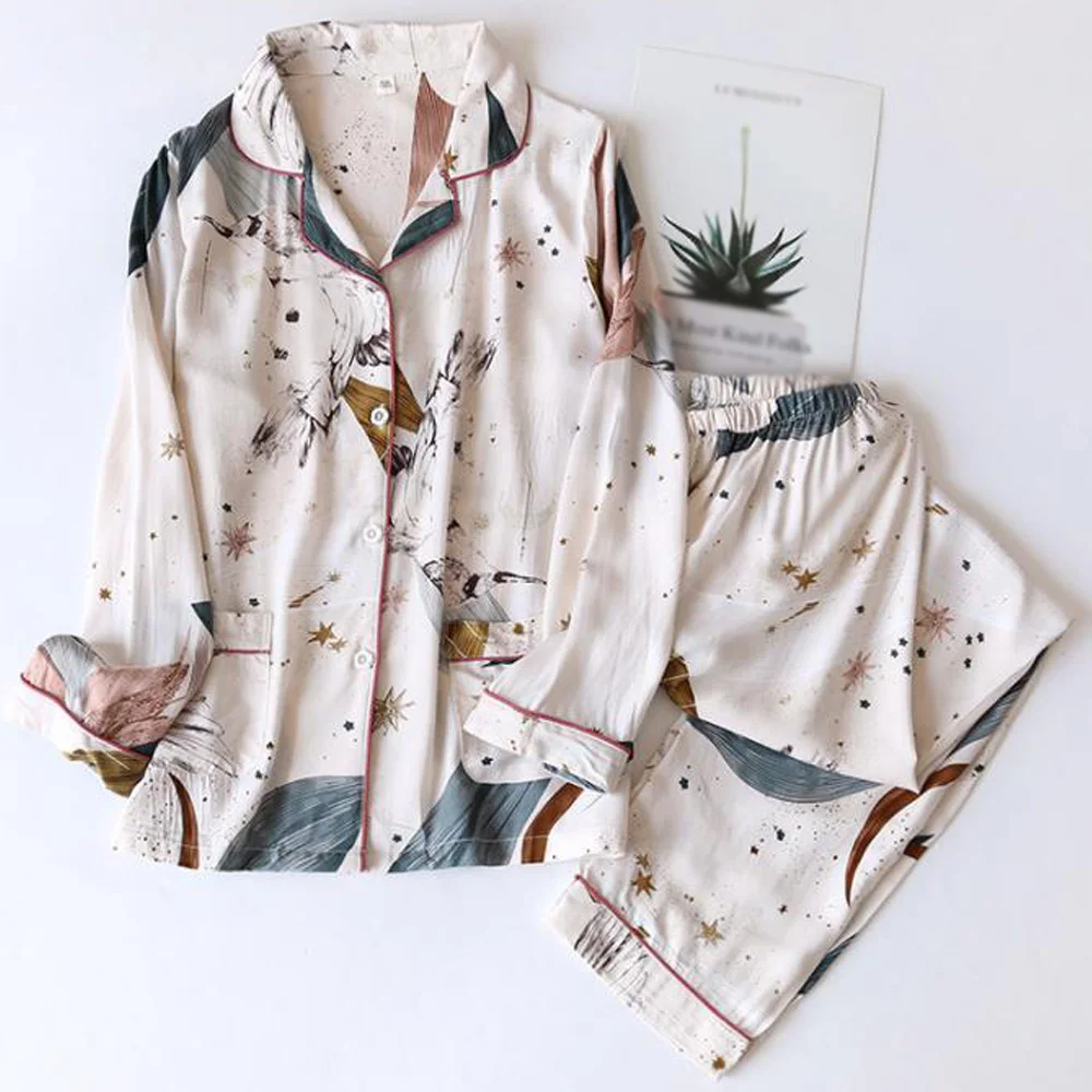 Women Autumn Long Sleeve Sleepwear Pijama Sets Cotton Lapel Collar Leaves Printing Pajamas Loungewear Nighwear Home Clothes
Women Autumn Long Sleeve Sleepwear Pijama Sets Cotton Lapel Collar Leaves Printing Pajamas Loungewear Nighwear Home Clothes