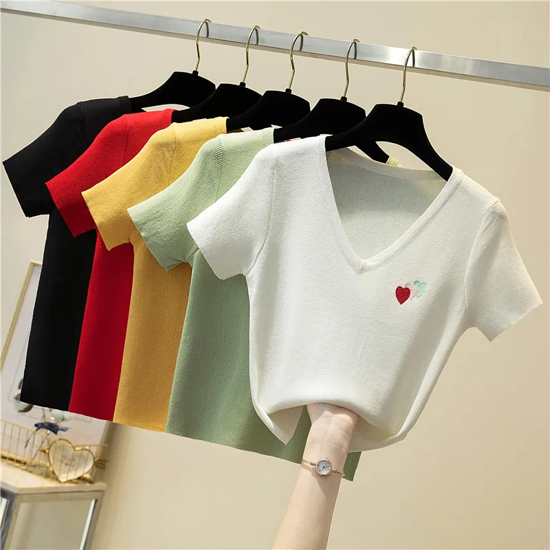 Летние Короткие стильные женские футболки, модные вязаные повседневные женские футболки с вышивкой сердца, облегающие Женские футболки из ...
Летние Короткие стильные женские футболки, модные вязаные повседневные женские футболки с вышивкой сердца, облегающие Женские футболки из ...