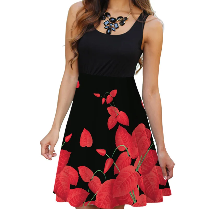 Summer Female A-line O Neck Sleeveless Spaghetti Straps Princess Dress Red Leaves Print Big Hem Dress
Summer Female A-line O Neck Sleeveless Spaghetti Straps Princess Dress Red Leaves Print Big Hem Dress