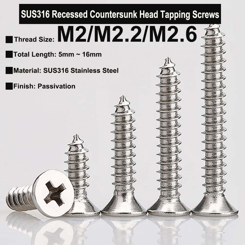 

50/30Pcs M2 M2.2 M2.6 SUS316 Stainless Steel Cross Recessed 90° Countersunk Phillips Head Self-Tapping Screws Wood Screw GB846
