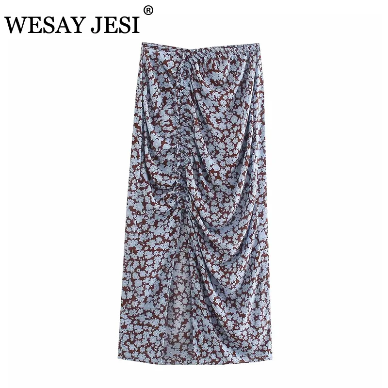 

WESAY JESI Skirt Fashion Vintage Floral Print High-Waisted Skirt TRAF ZA Elegant Woman Clothes Pleated Front Split Long Skirts