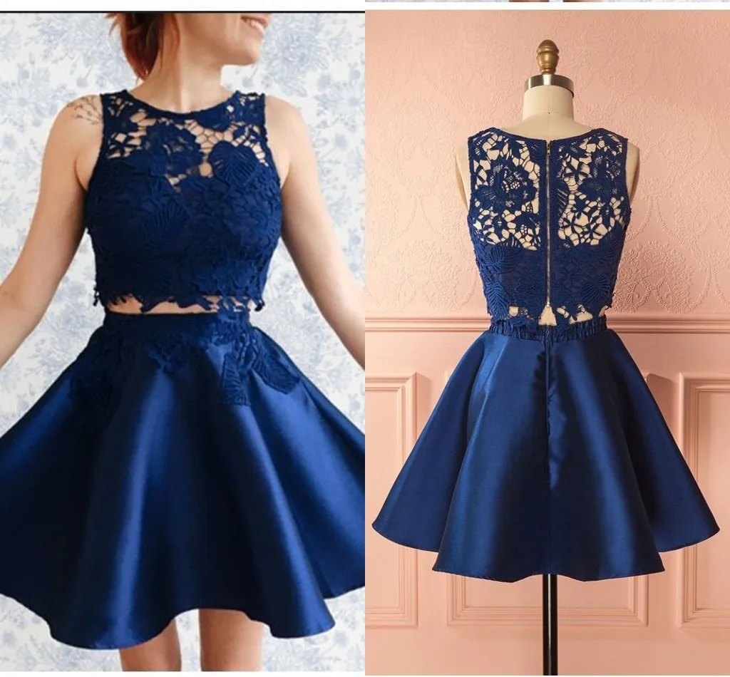 2020 Navy Blue Lace Short Dresses 2 Pieces Sheer Neckline Hollow Back A-line Satin Homecoming Formal Dress Party Robe De Soiree
2020 Navy Blue Lace Short Dresses 2 Pieces Sheer Neckline Hollow Back A-line Satin Homecoming Formal Dress Party Robe De Soiree