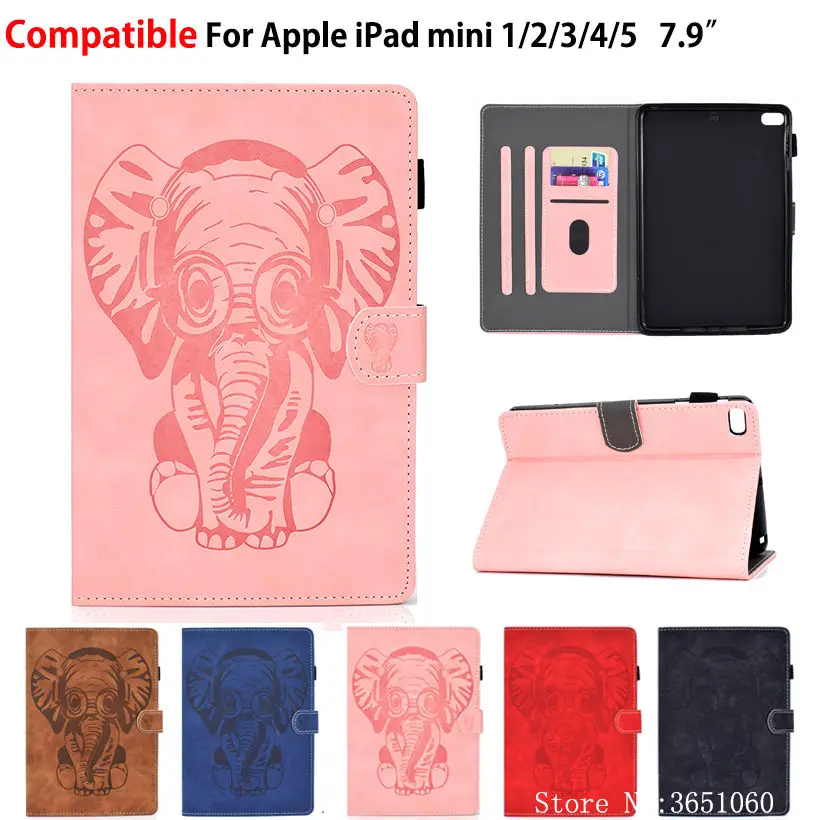 

For iPad Mini 5 Mini5 2019 Case Mini 4 3 2 1 Smart Case Cover Funda Tablet Elephant Embossed Flip Stand Skin Shell Capa Coque