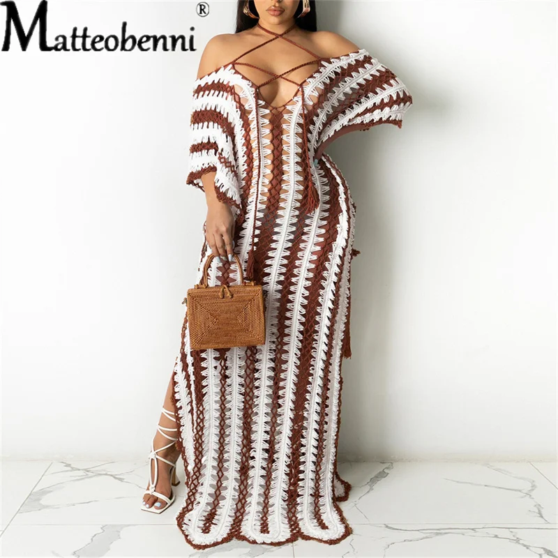 2021 Women's Summer Beachwear Crochet Bandage Off-Shoulder Hollow Out Knitted Maxi Dress Ladies Fashion Casual Split Fork Dress
2021 Women's Summer Beachwear Crochet Bandage Off-Shoulder Hollow Out Knitted Maxi Dress Ladies Fashion Casual Split Fork Dress