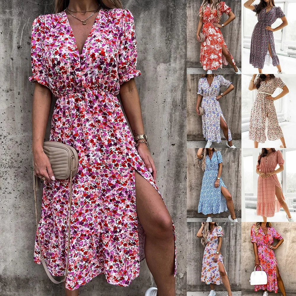 Summer Sexy Slim Button V Neck Party Dress Elegant Gorgeous Floral Print A-Line Dress Women Fashion Short Sleeve Slit Long Dress
Summer Sexy Slim Button V Neck Party Dress Elegant Gorgeous Floral Print A-Line Dress Women Fashion Short Sleeve Slit Long Dress