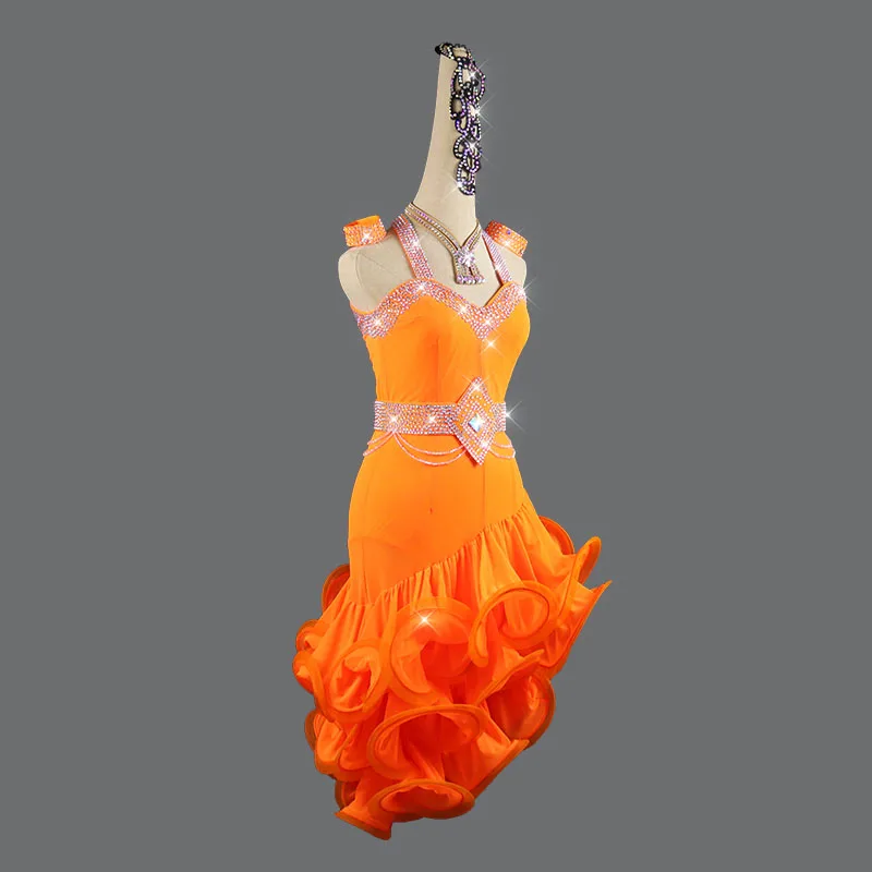 Индивидуальные новые оранжевые латинские танцевальные платья Fishbone Skirt Dance Performance