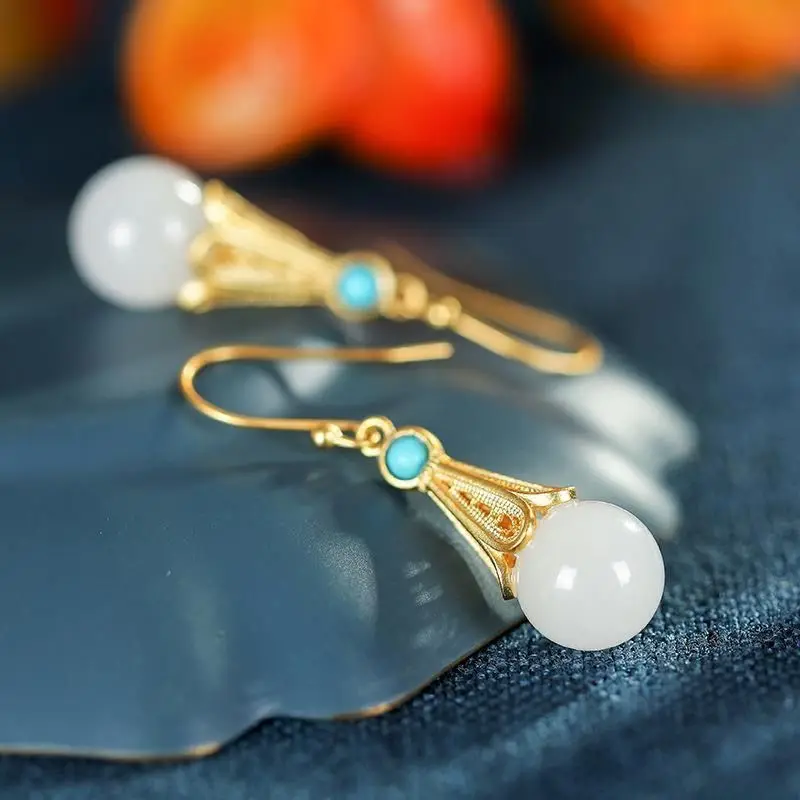 New silver inlaid natural Hetian white jade earrings Chinese style retro unique ancient gold craft charm women's brand jewelry
New silver inlaid natural Hetian white jade earrings Chinese style retro unique ancient gold craft charm women's brand jewelry
