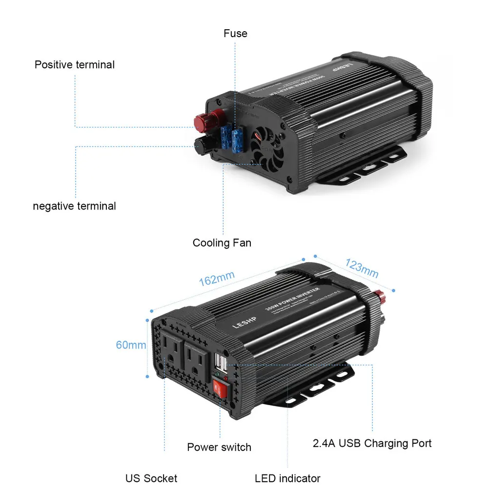 LESHP Portable Car Inverter 300W Solar Inverter 12V DC 110V AC Modified Charger Power Converter Adapter for TV DVD Player
LESHP Portable Car Inverter 300W Solar Inverter 12V DC 110V AC Modified Charger Power Converter Adapter for TV DVD Player
