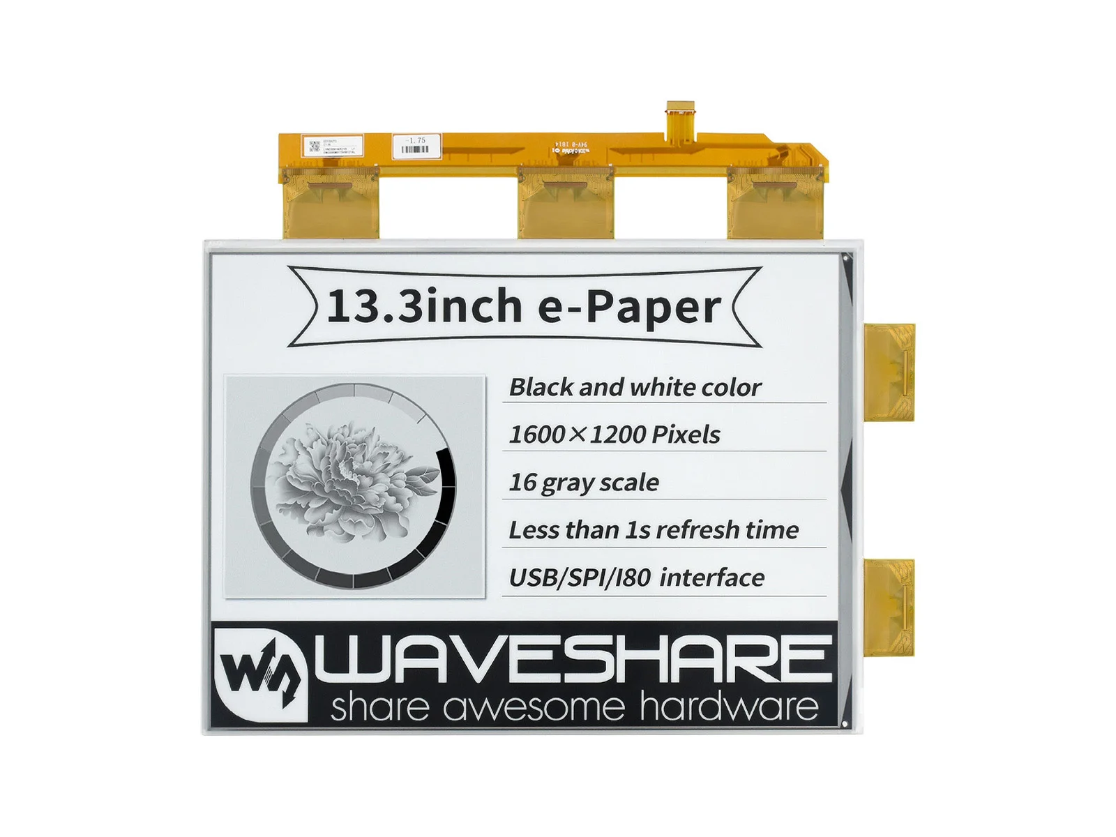 

Waveshare 13.3inch E-Paper E-Ink Raw Display for Raspberry pi,1600×1200 Pixels, Black/White,16 Grey Scales,Parallel Port,No PCB