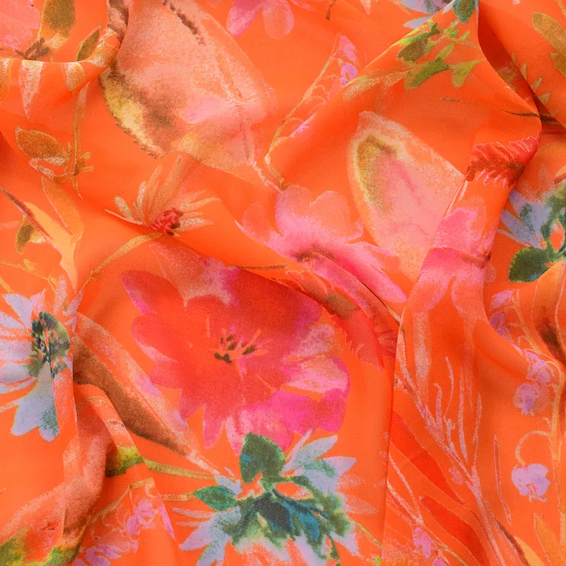 one meter Composite yarn high twist Chiffon tissus floral print on orange background fabric Fashion dress clothing material
one meter Composite yarn high twist Chiffon tissus floral print on orange background fabric Fashion dress clothing material