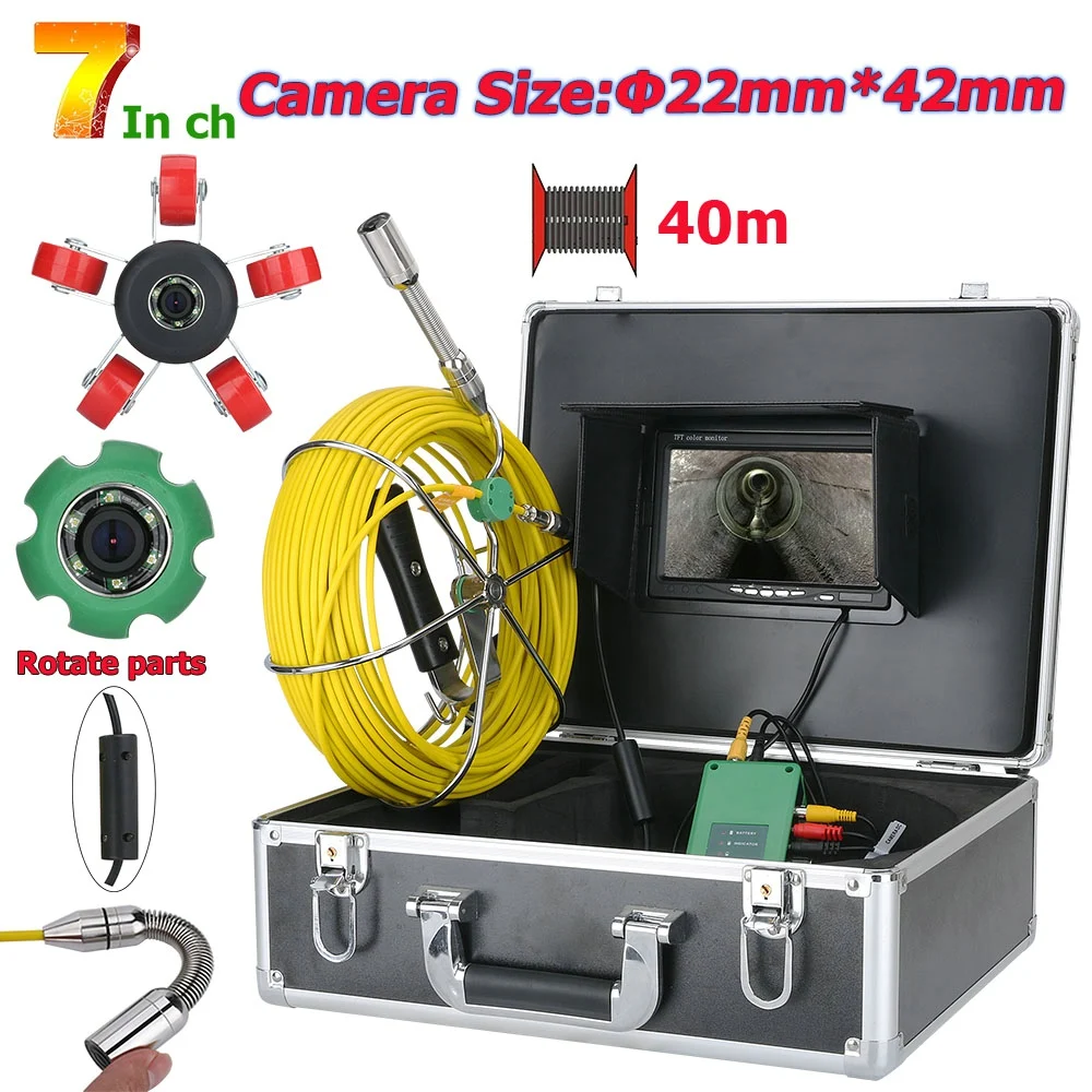 

7 дюймов 22 мм Труба инспекционная видеокамера 40 м IP68 Водонепроницаемая дренажная труба канализационная инспекция 1000 ТВЛ камера промышленны...