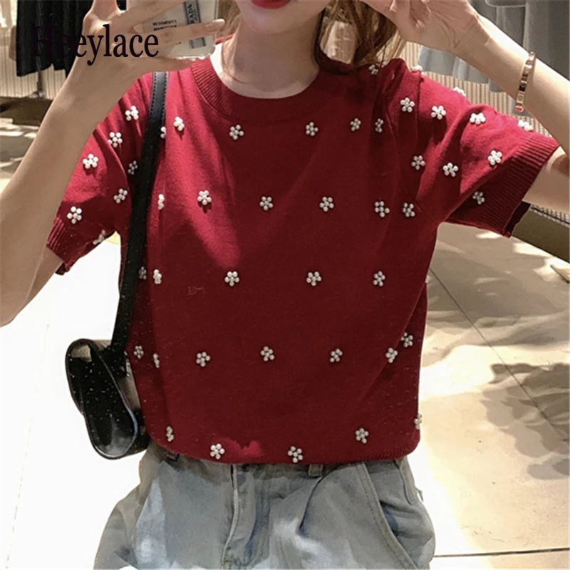 2021 Summer Harajuku Oversized Pearls Beading O-neck T-shirts Beaded Women Fashion Knitted Tops Short Sleeve Ice Silk Sweaters
2021 Summer Harajuku Oversized Pearls Beading O-neck T-shirts Beaded Women Fashion Knitted Tops Short Sleeve Ice Silk Sweaters