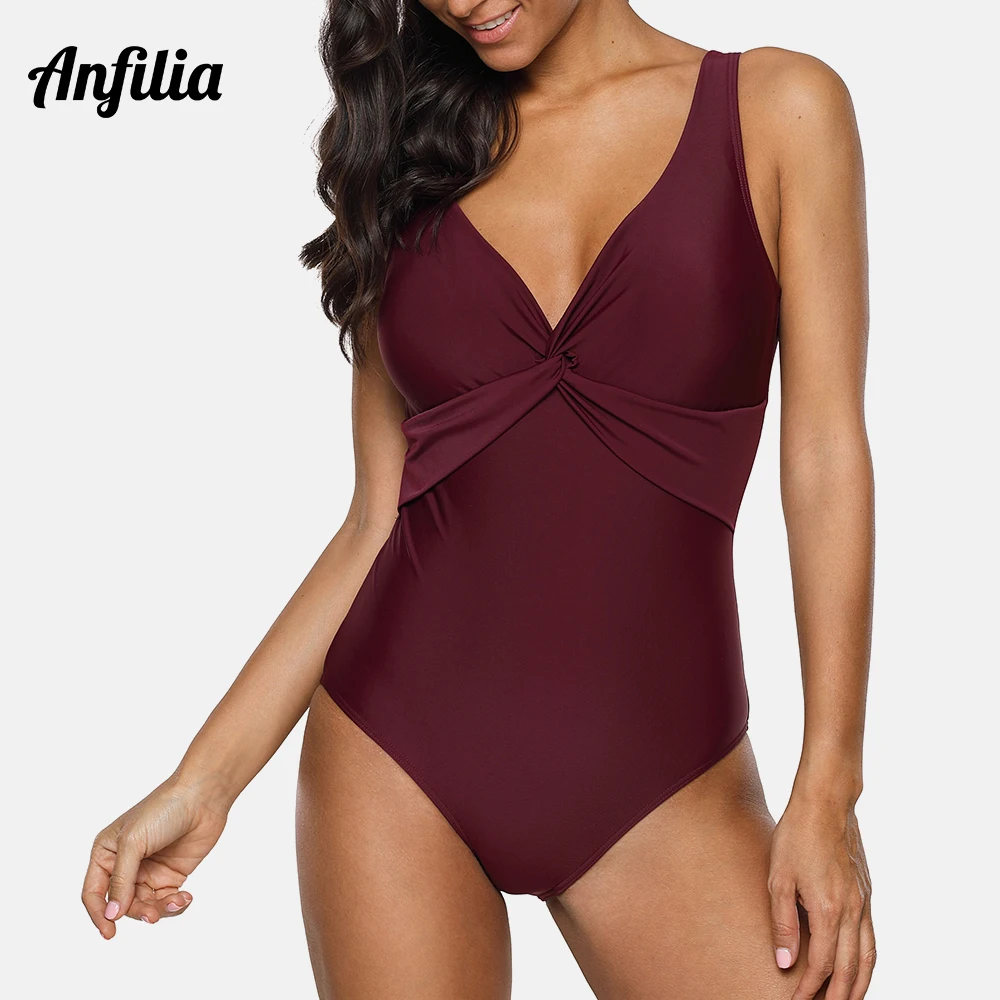 

Anfilia Women Sexy One-Piece Swimwear High Waist Front Cross Swimsuit Fashion Bodysuit Solid Ruched Monokini Deep-V Bikini