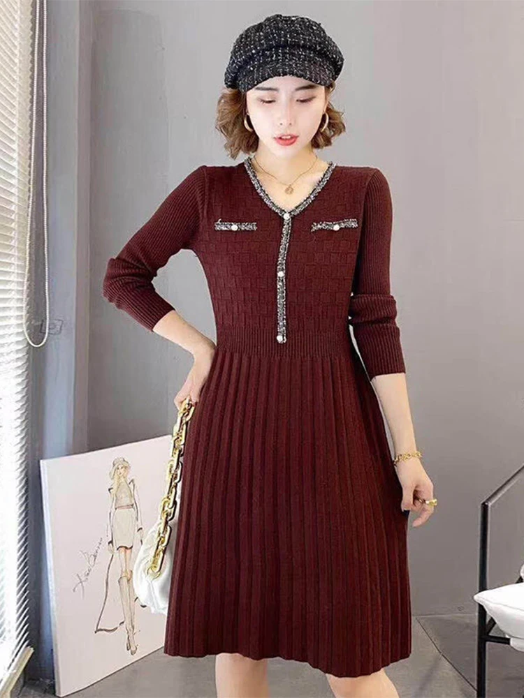 Women's Spring Autumn Dress Women's Long Sleeve Button Knitted V-Neck Patchwork Elegant Sweet Dress AA3374
Women's Spring Autumn Dress Women's Long Sleeve Button Knitted V-Neck Patchwork Elegant Sweet Dress AA3374