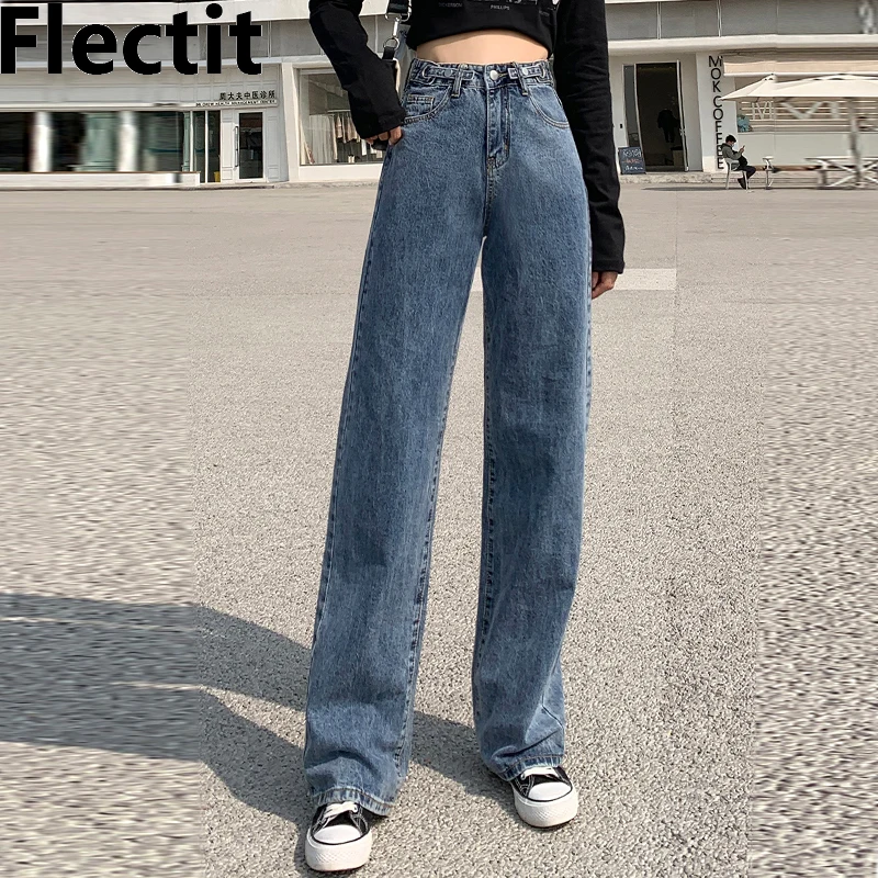 Джинсы бойфренды Flectit женские прямые джинсовые синие брюки с высокой талией