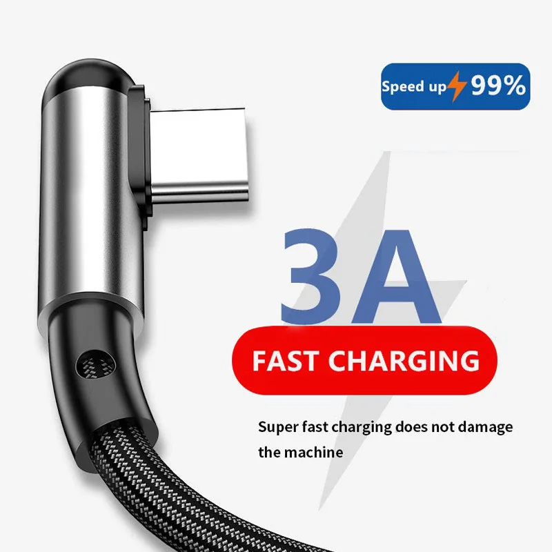 

3A Fast Charger 90 Degree Elbow Zinc Alloy Data Cable Micro Usb Type-C 8pin Lightning for Phone Samsung Huawei Charging For Game