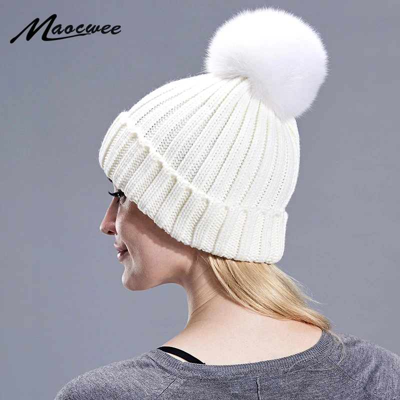 

PomPon Hat Real Fox Fur Ball White Children Adult Cap Beanies Knitted Skullies Hats Autumn Winter Warm Colour Generous Concise