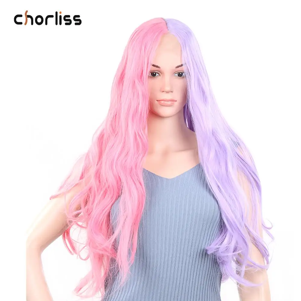 Длинные волнистые половина розового и фиолетового цветов синтетические волосы