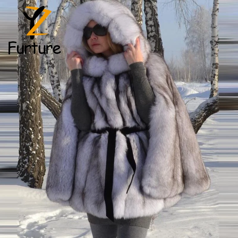 Wholesale Promotion Nature Fox Fur Coats Warm Real Shawl Cape For Women Winter Outerwear Overcoats Fashion Tops 2021 |