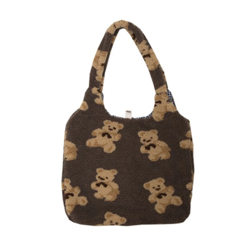 Women Lamb Like Fabrics Shoulder Tote Bag Canvas Fluffy Fur Bear Handbags