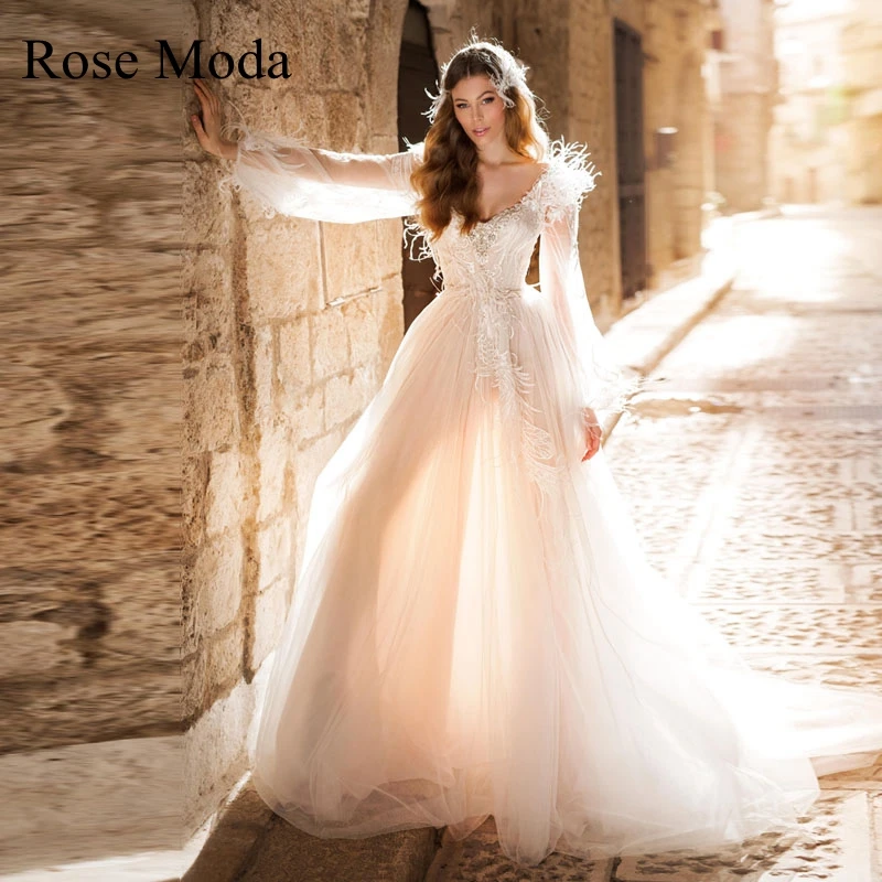 Rose Moda V Neck Long Sleeves Feathery Boho Wedding Dress Lace Reception Dress Custom Make
Rose Moda V Neck Long Sleeves Feathery Boho Wedding Dress Lace Reception Dress Custom Make