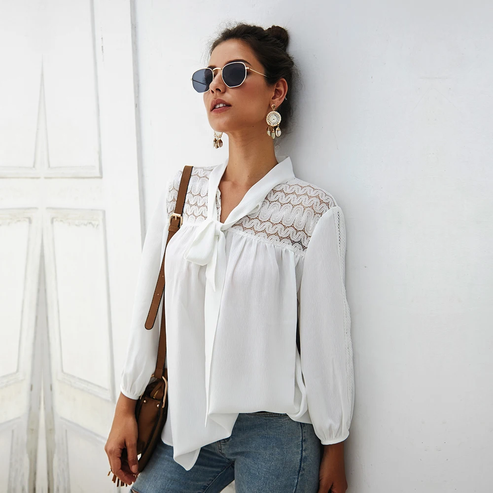 Spring Summer Chifflon Lace Hollow Out Blouse Women Bow Full Sleeve Solid Shirt Top 2021 New
Spring Summer Chifflon Lace Hollow Out Blouse Women Bow Full Sleeve Solid Shirt Top 2021 New