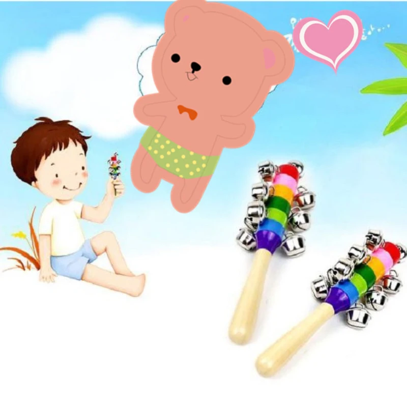 

Wooden Stick 10 Jingle Bells Rainbow Hand Shake Bell Rattles Baby Kids Children Educational Toy