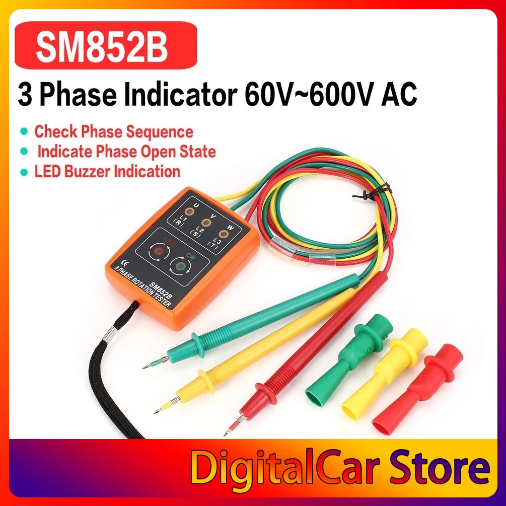 New SM852B 3 Phase Rotation Tester Digital Phase Indicator Detector LED Buzzer Phase Sequence Meter Voltage Tester 60V~600V AC
New SM852B 3 Phase Rotation Tester Digital Phase Indicator Detector LED Buzzer Phase Sequence Meter Voltage Tester 60V~600V AC