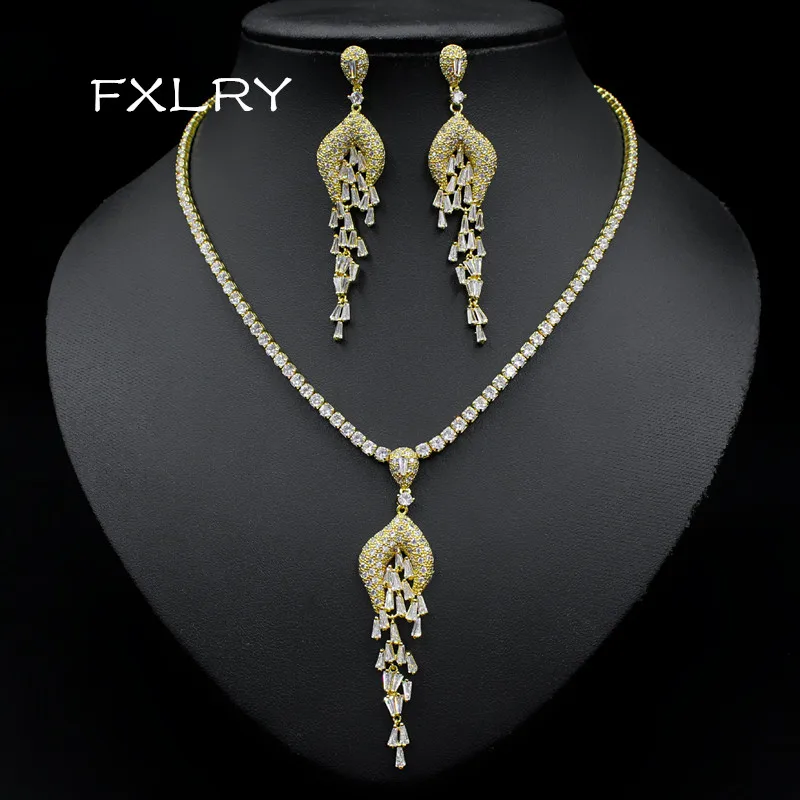 FXLRY Fashion Yellow Gold Color Cubic Zirconia Dangling Long Tassel Drop Earrings and Necklace for Wedding Fashion Jewelry Set
FXLRY Fashion Yellow Gold Color Cubic Zirconia Dangling Long Tassel Drop Earrings and Necklace for Wedding Fashion Jewelry Set