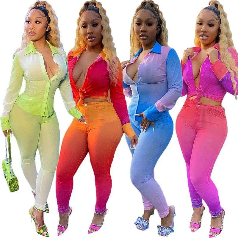 Gradient Color Printting Turn-Down Collar Long Sleeve Button Shirt and Trousers Women Casual Suits Autumn Fashion 2 Piece Set
Gradient Color Printting Turn-Down Collar Long Sleeve Button Shirt and Trousers Women Casual Suits Autumn Fashion 2 Piece Set