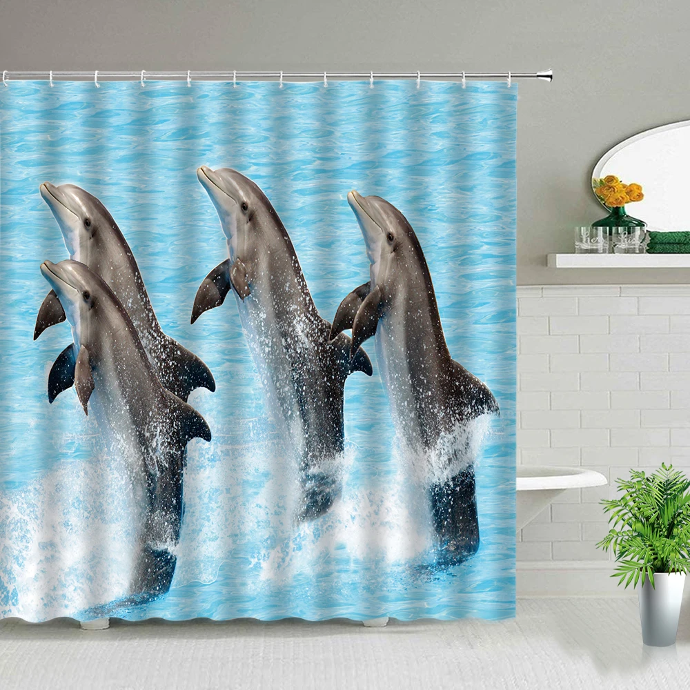 

Funny Dolphin Shower Curtains Cute Ocean Animal Blue Seawater Sea Wave Scenery Bathroom Decor Cloth Hanging Curtain With Hooks