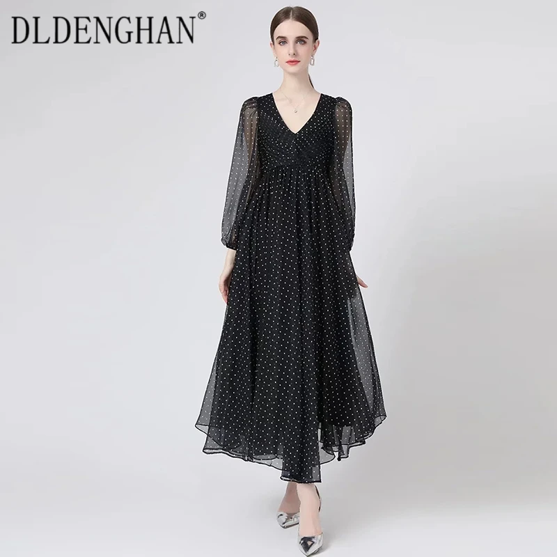 

DLDENGHAN Fashion Designer Autumn Chiffon Long Dress Women V-Neck Folds Lantern Sleeve Dot Print Bohemian Vacation Dresses