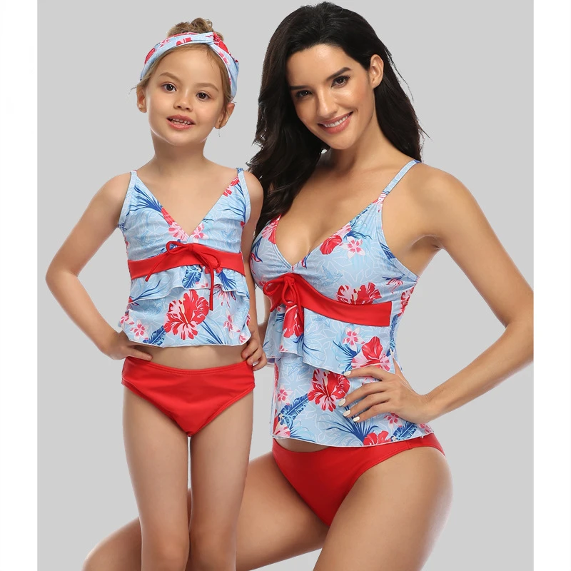 

Family Look Beachwear 2021 Split Print Parent-Child Swimsuit Ruffled Bikinis Set Mother And Daughter Swimwear Sexy Bathing Suit