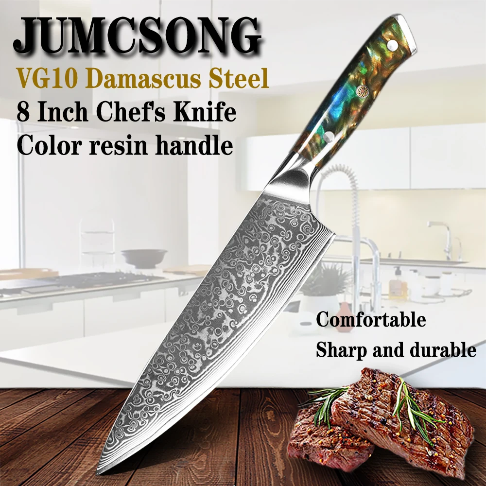 JUMCSONG New VG10 Steel Core Color Resin Handle 8 Inch Chef's Knife 67 Layer Damascus Steel Kitchen Knife Sharp Chef EDC Tool
JUMCSONG New VG10 Steel Core Color Resin Handle 8 Inch Chef's Knife 67 Layer Damascus Steel Kitchen Knife Sharp Chef EDC Tool