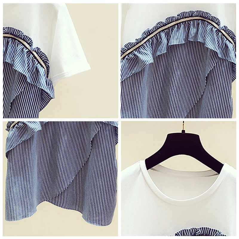 2021 Summer New Striped Ruffled Patckwork Basic Shirt Round Neck Short Sleeve T-shirt for Women Casual All-Matching Top Pullover
2021 Summer New Striped Ruffled Patckwork Basic Shirt Round Neck Short Sleeve T-shirt for Women Casual All-Matching Top Pullover