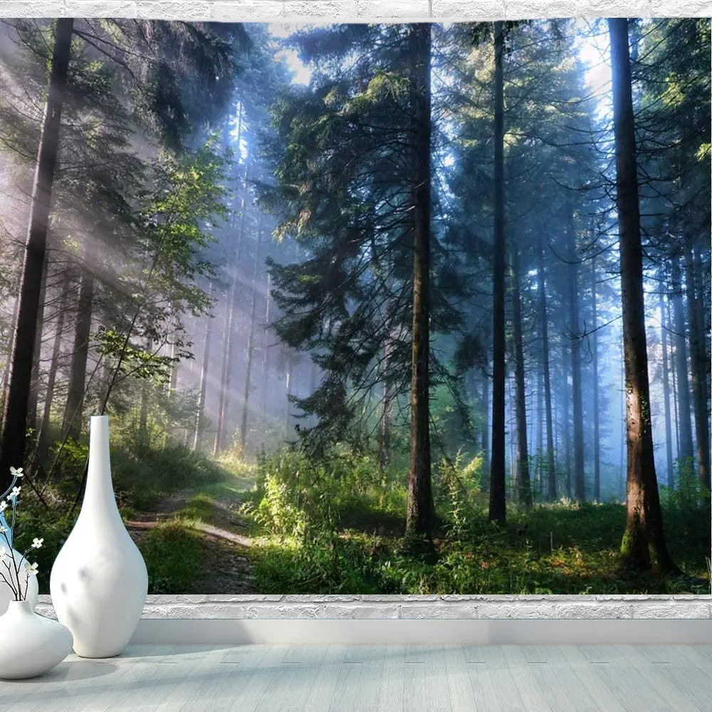 

Misty Forest Tapestry Wall Hanging Nature Landscape Tapestry Sunshine Through Tree Tapestries for Bedroom Living Room Dorm Decor