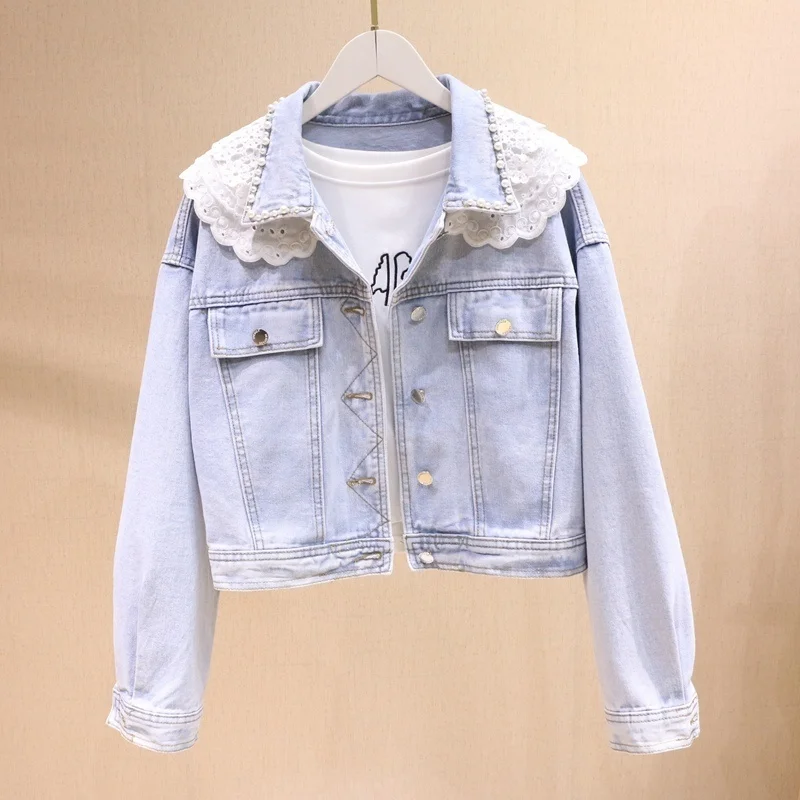 Vintage Pearl Beaded Lace Lapel Women Light Blue Short Denim Jacket Spring Autumn 2023 Korean Female Loose Casual Jeans Jacket
Vintage Pearl Beaded Lace Lapel Women Light Blue Short Denim Jacket Spring Autumn 2023 Korean Female Loose Casual Jeans Jacket