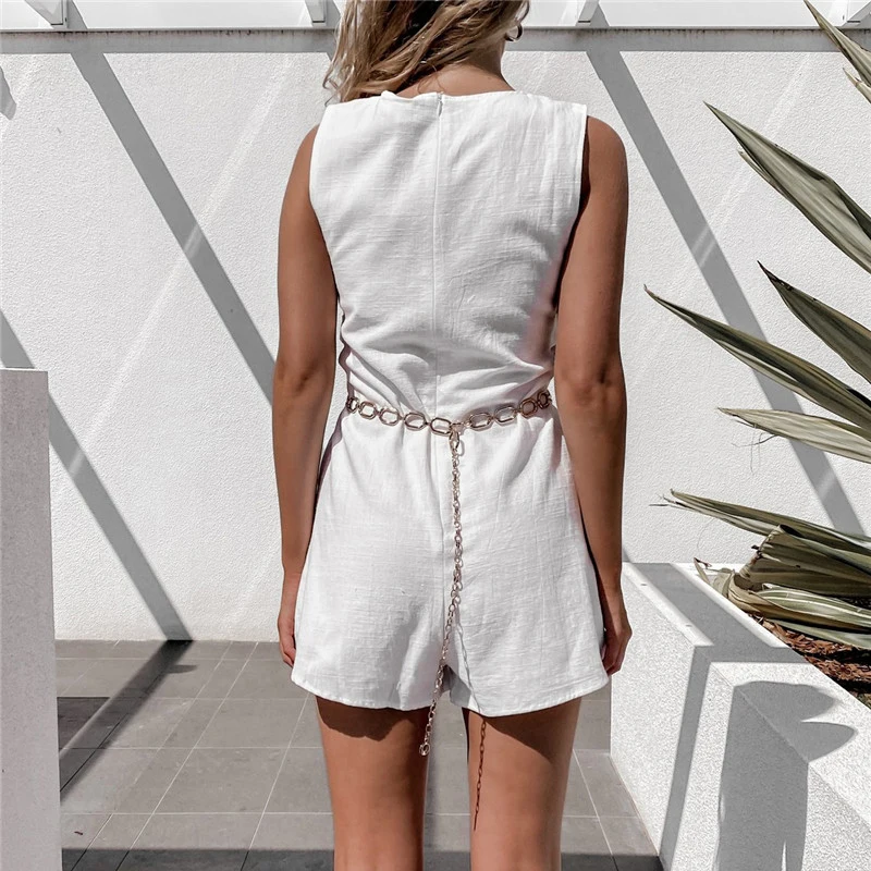 Articat White Sleeveless Slim Chain Belt Sexy Hollow Out Rompers Women Casual Fitness Playsuit Fashion Slim Female Solid Romper 
Articat White Sleeveless Slim Chain Belt Sexy Hollow Out Rompers Women Casual Fitness Playsuit Fashion Slim Female Solid Romper