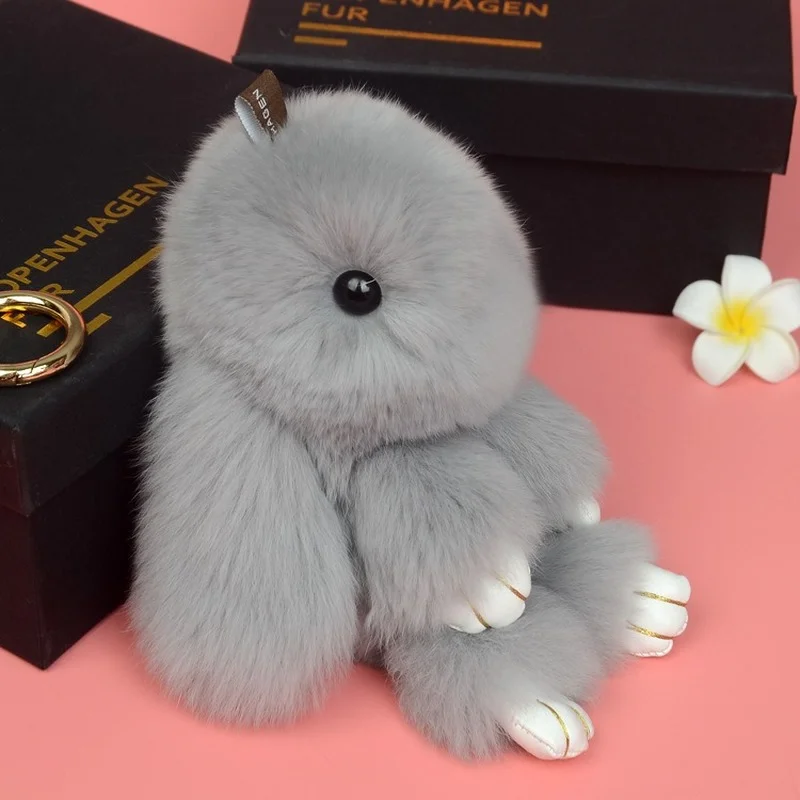 

14cm Cute Pluff Bunny Keychain Rex Genuine Rabbit Fur Key Chains for Women Bag Toys Doll Fluffy Pom Pom Lovely Pompom Keyring