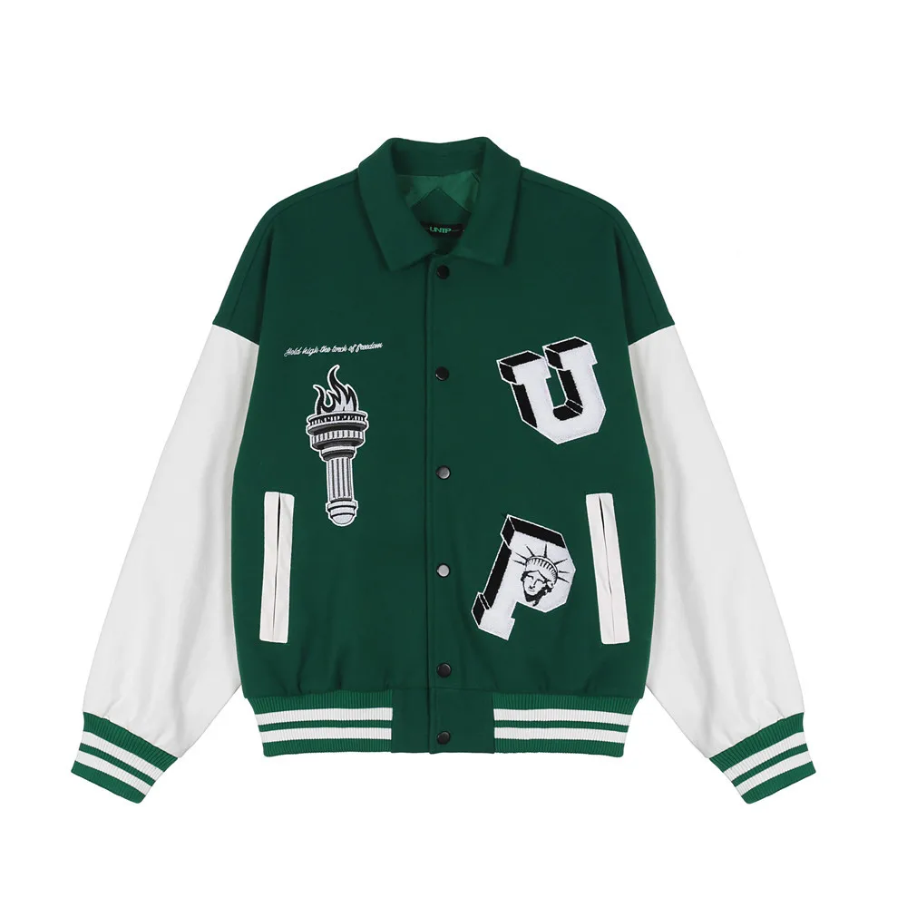 New Torch Letter Embroidered Baseball Jacket PU Leather Sleeve Stitched Loose Stand Collar Jacket American Fashion Sports Jacket 
New Torch Letter Embroidered Baseball Jacket PU Leather Sleeve Stitched Loose Stand Collar Jacket American Fashion Sports Jacket